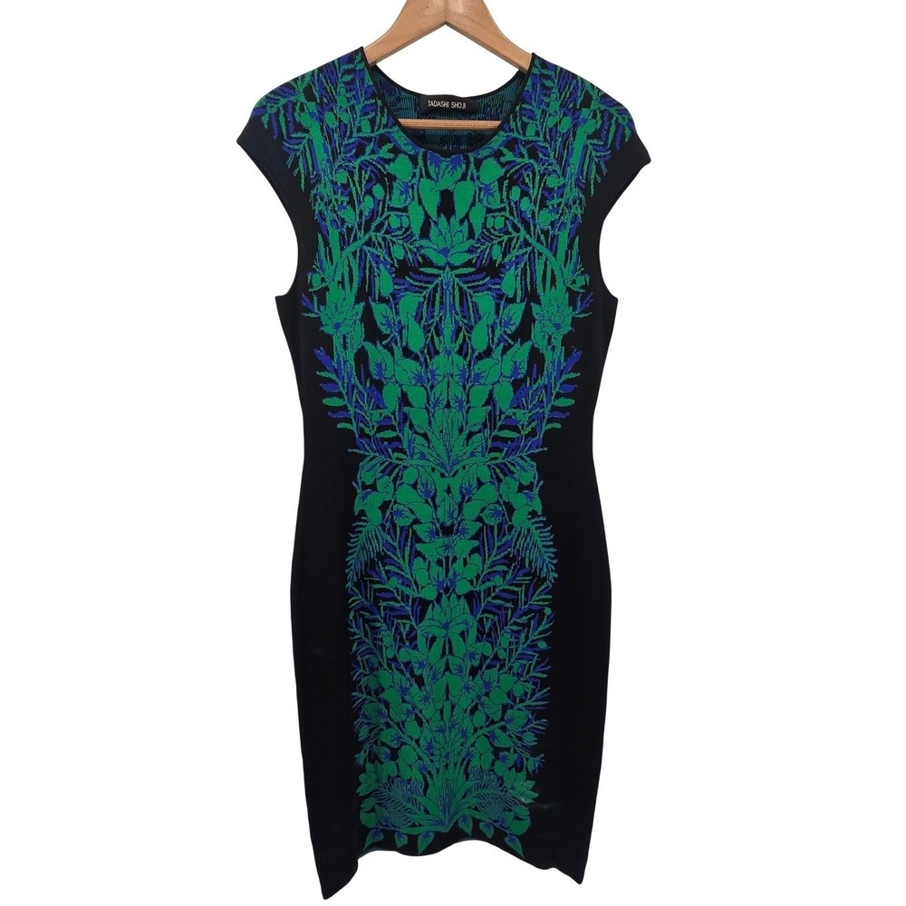 Tadashi Shoji Dress Womens L Black Green Blue AUV16506M Floral Intarsia Knit Cap
